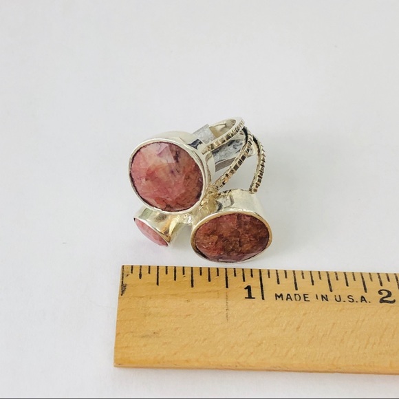 925 Silver Rhodochrosite Ring Natural Pink Round Gemstone Triple Band Sz 7 - Picture 13 of 15